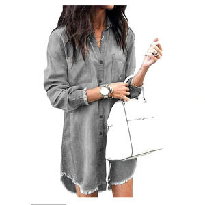 Zilcremo Button Up Gray Denim Shirt Women Plus Size 2XL Pockets